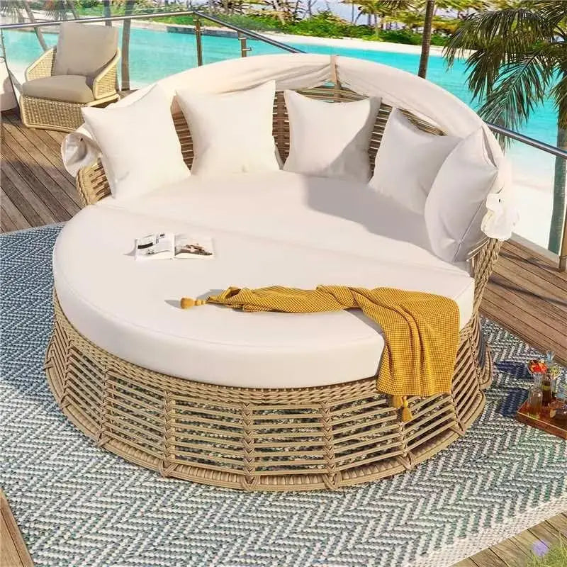 Patio Rattan Round Daybed with Retractable Canopy Wicker Sofa Sunbed with Removable Cushionsfor Outdoor Backyard Porch Lawn Gard