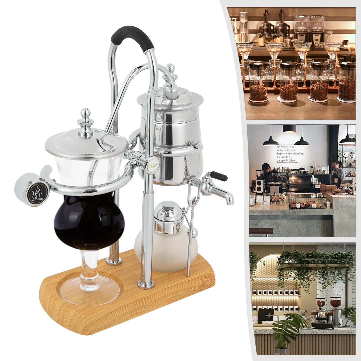 Retro Siphon Coffee Maker, 37Qt Capacity, Alcohol Lamp with Temperature Control, Plastic Filter for Pure Taste, Stainless