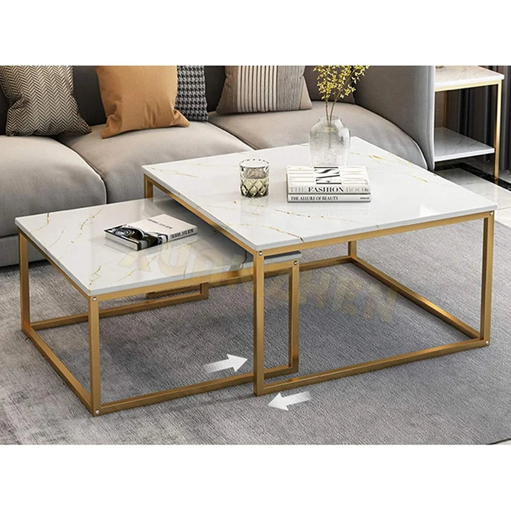 Living room furniture space saving center table 2 pieces silver coffee table set mirror smart square glass coffee table