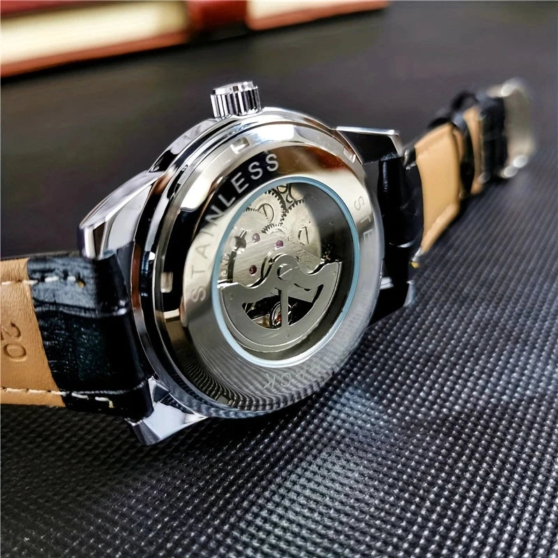 Men's Casual Mechanical Watch with Date Display - Alloy Case, Hollow Design, Leather Strap, Automatic Winding, Suitable for Business and Daily Wear, Daily Watch Casual Style Watch, No Battery, Gift for His Best