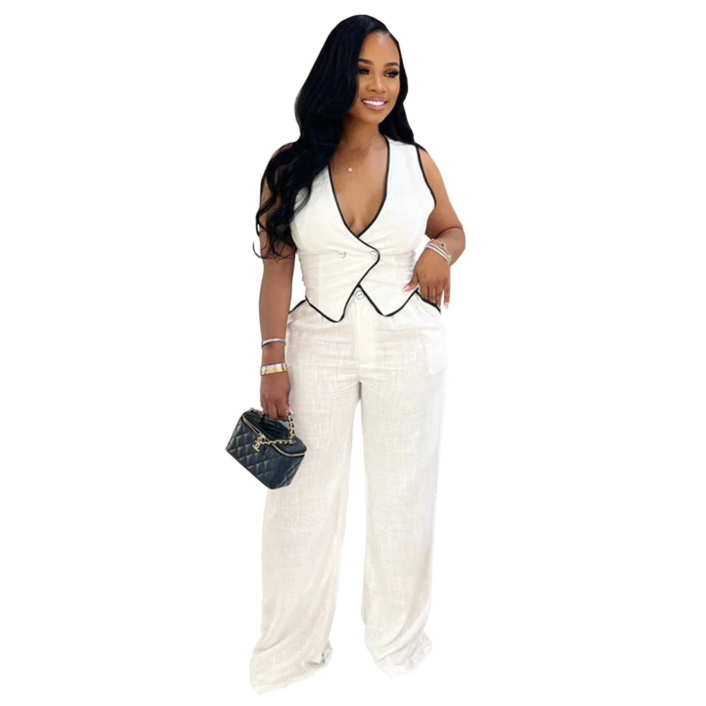 Women Clothing Fashion Elegant Sets Casual V-Neck Button Down Tops and Long Pants Suit 2025 Summer Loungewear 2piece Set Outfits