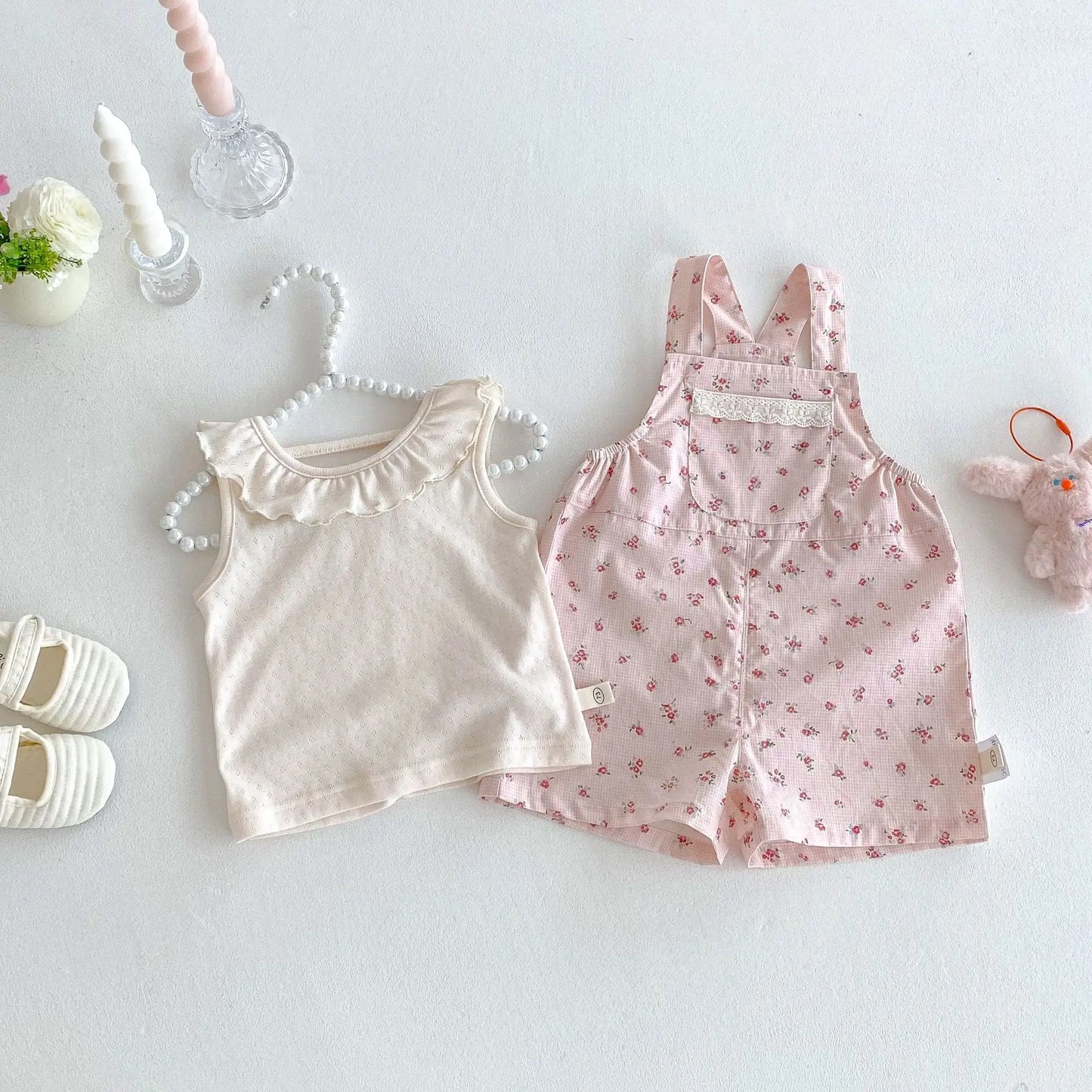 2025 New Summer Baby Girl Korean Style Clothes Breathable Cotton Polyester Ruffled Doll Collar Vest & Floral Overalls