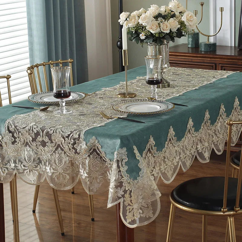 Tablecloth Blue Golden Velvet Rectangle Table Cloth Europe Luxury Embroidered Dining Table Cover Lace Dust Cover Home Decor