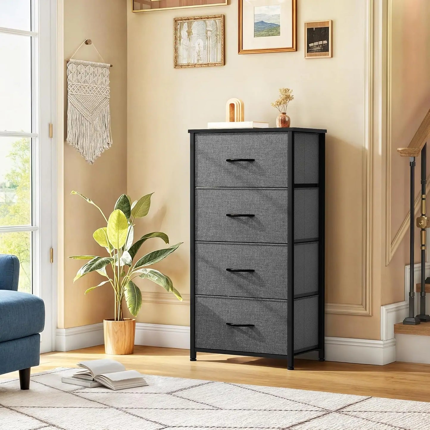 Storage Tower with 4 Drawers - Fabric Dresser, Organizer Unit for Bedroom, Living Room, Closets - Sturdy Steel Frame