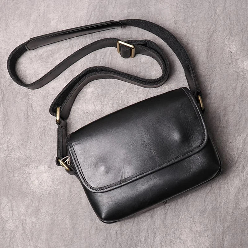 Real Leather Men's Shoulder Bag Vintage Daily Zipper Flap Phone Bag Man Simple Bag Crazy Horse Leather Retro Sling Ba