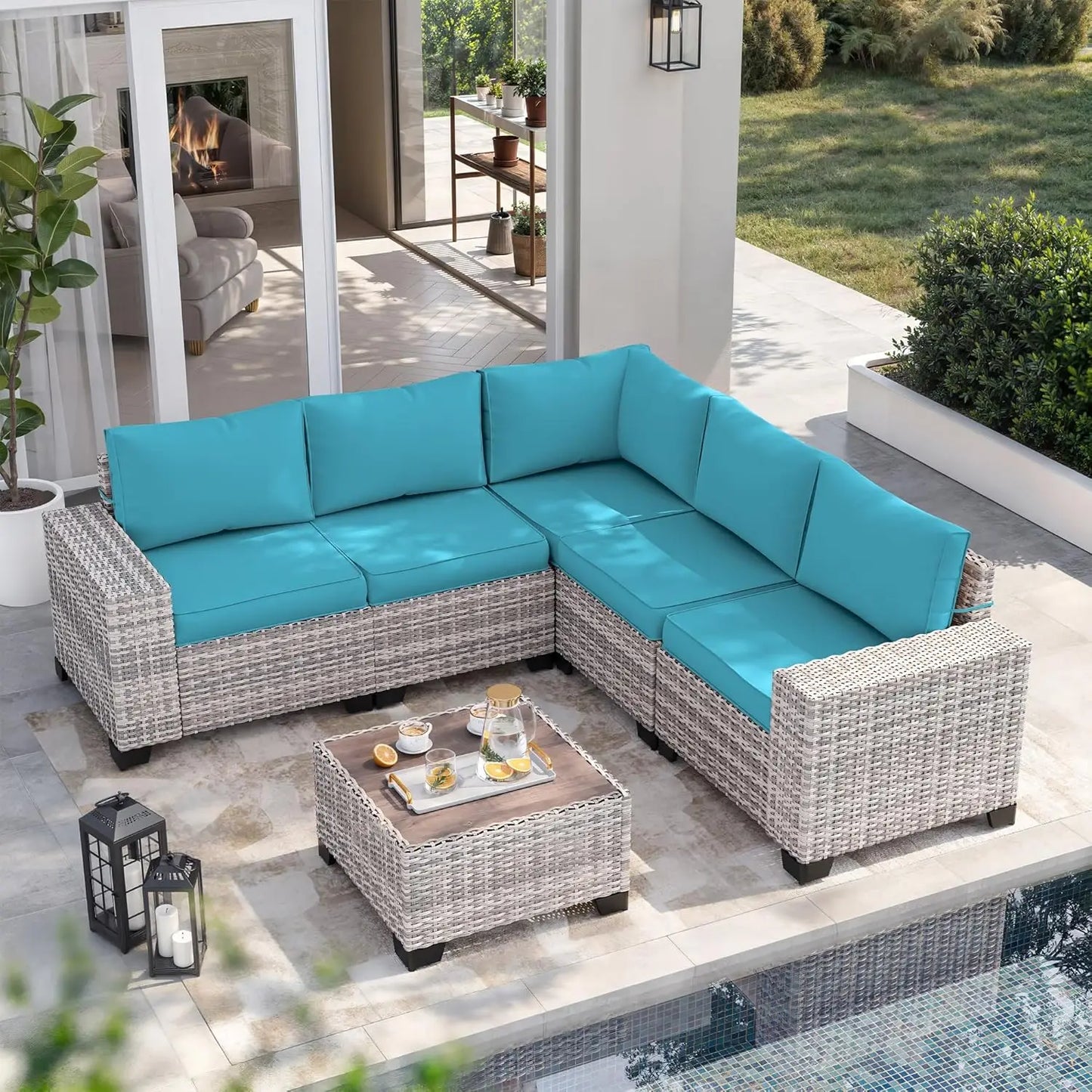 6-Piece Outdoor Patio Furniture Set Wicker Sectional Sofa Set, Patio Conversation Set with Thickened Cushions & Coffee Table