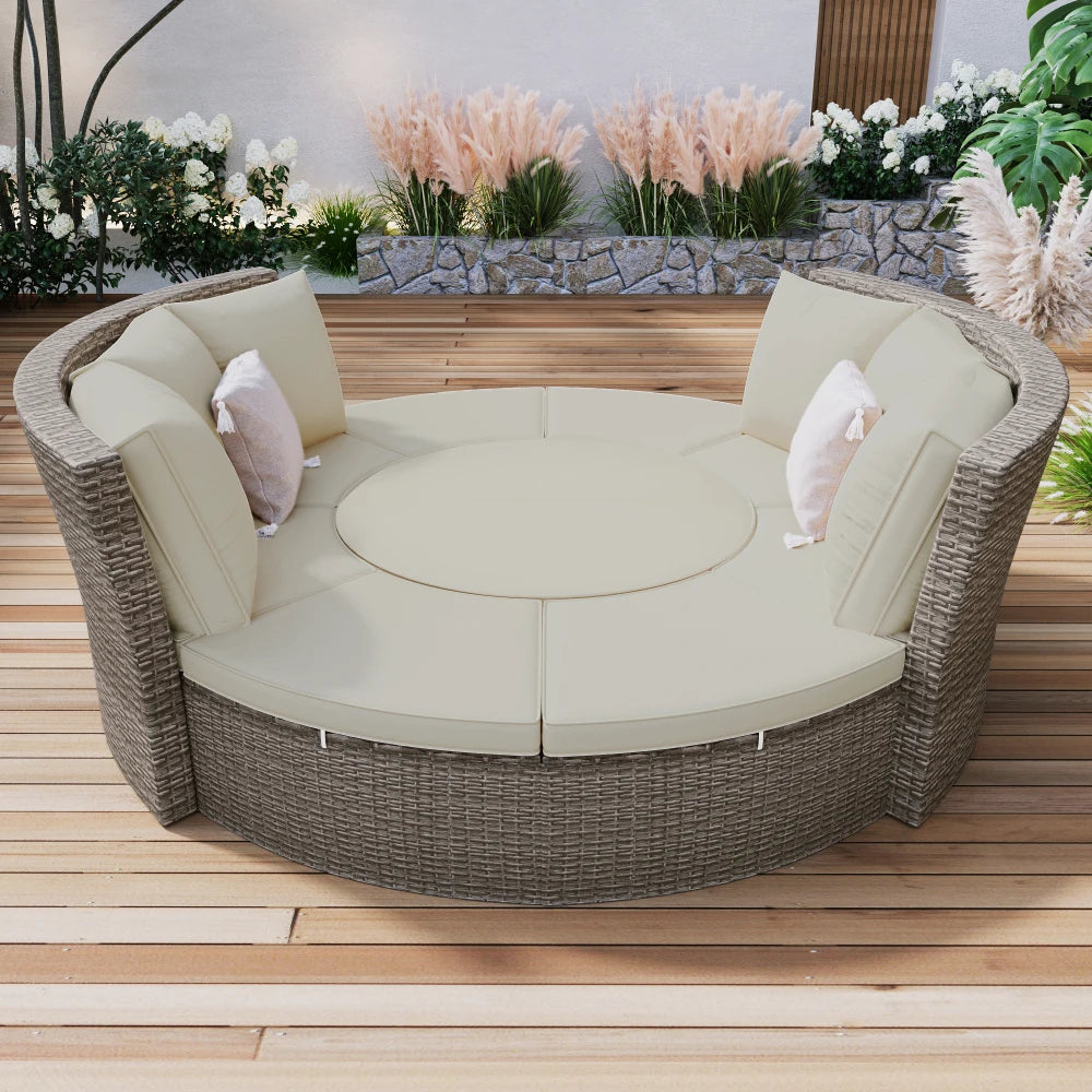 5-PCS Round Rattan Sectional Sofa Set All-Weather PE Sunbed Daybed with Round Liftable Table for Outdoor Backyard Poolside Gray