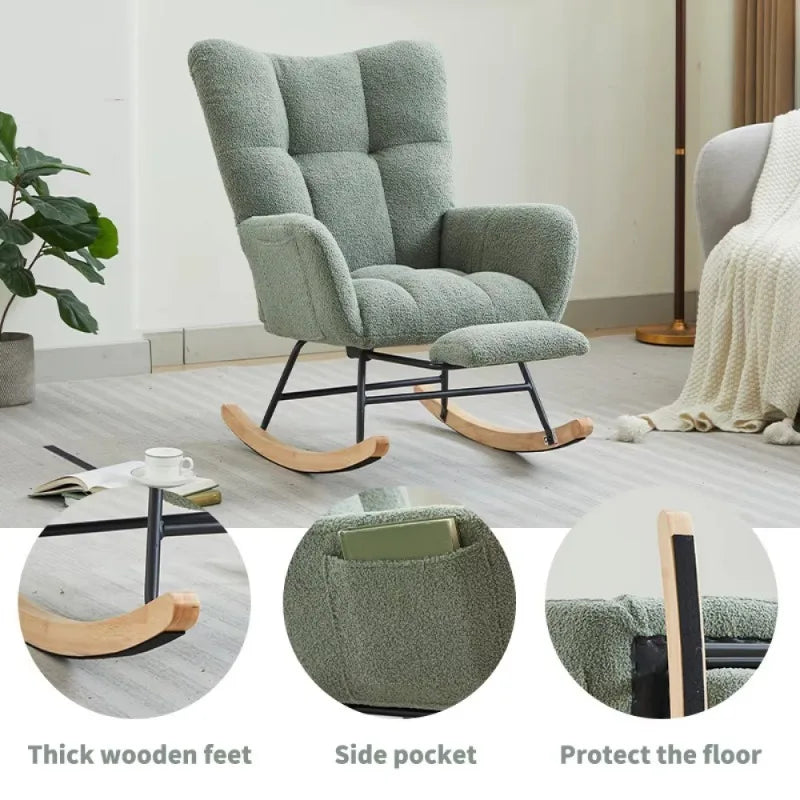 Modern Rocking Upholstered Glider Chair with High Backrest Rocker Accent Armchair with Solid Wood Legs Bedroom Living Room Chair