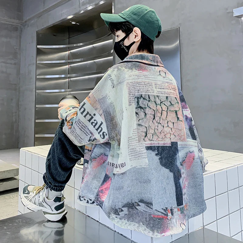 New Fashion Baby Boy Clothes with Newspaper Print Shirt For Kids Boy Autumn Newspaper Print Clothing Age 5 6 7 8 9 10 11 12 14Y