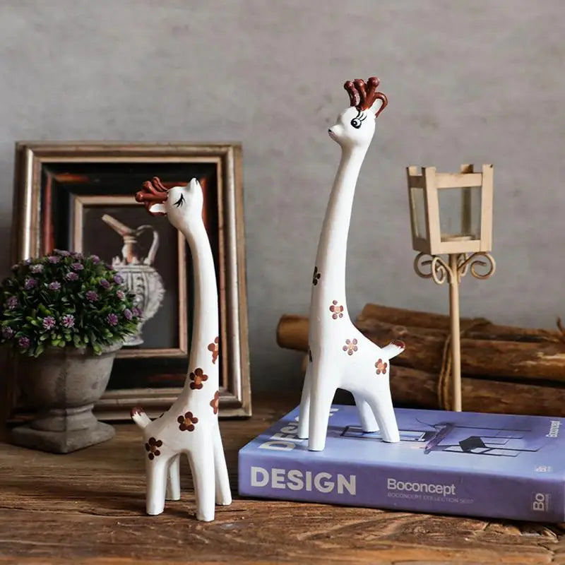 Wooden Giraffe Sculptures Couple giraffe Standing Tabletop Animal Statue Handcraft Home Office Ornament Figurine
