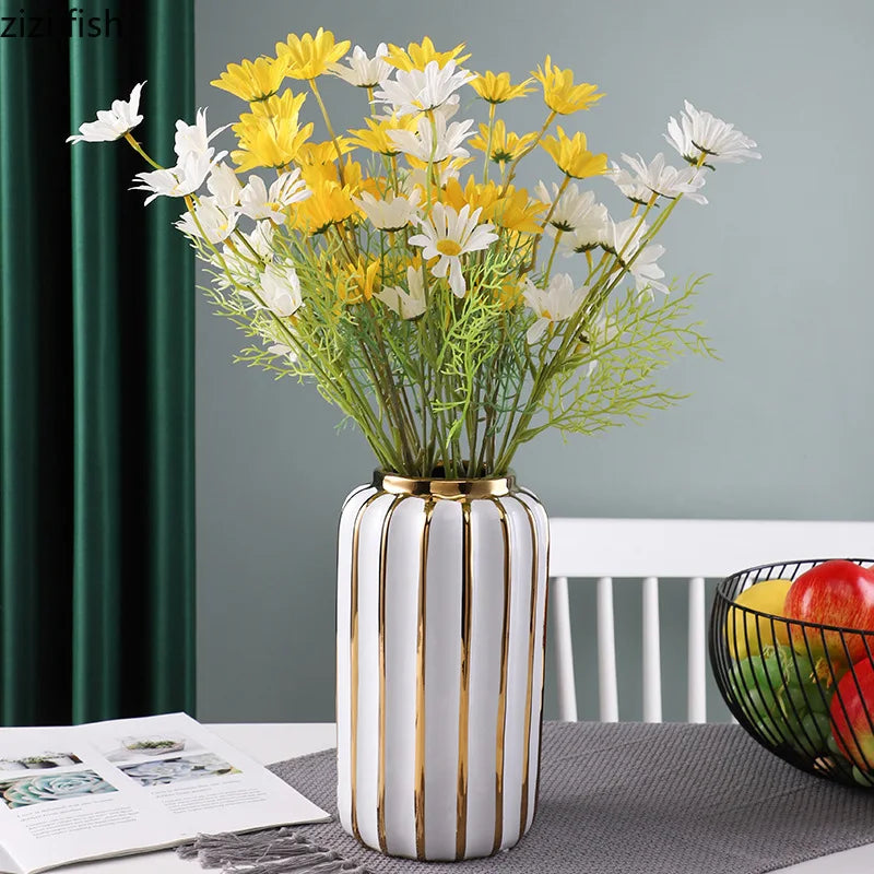 White Gold Ceramic Vase Desktop Flower Arrangement Hydroponic Vases Dried Flowers Vase Plant Vases Flowerpot Decoration Crafts