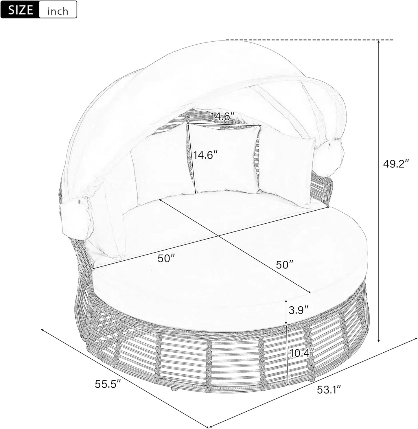 Patio Rattan Round Daybed with Retractable Canopy Wicker Sofa Sunbed with Removable Cushionsfor Outdoor Backyard Porch Lawn Gard