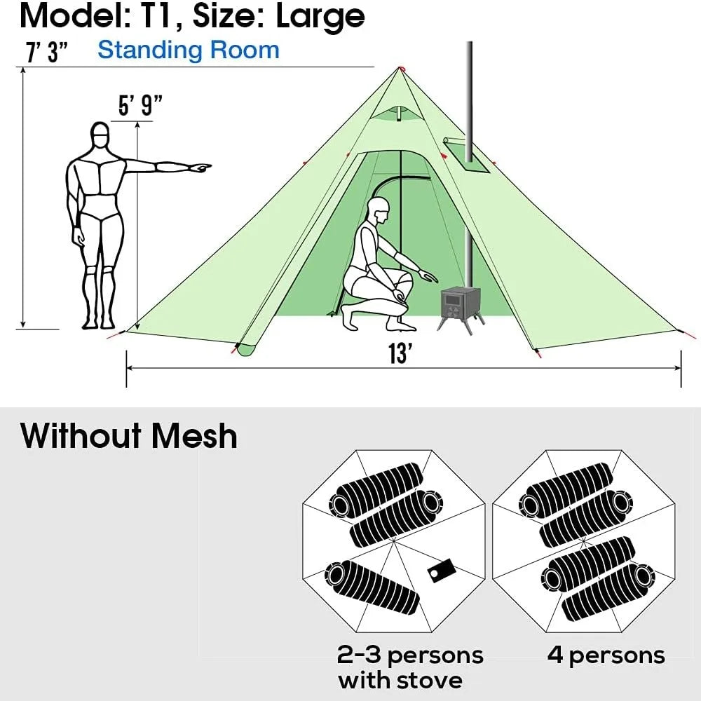 4 Persons 5lb Lightweight Tipi Hot Tents with Stove Jack, 7'3" Standing Room, Teepee Tent for Hunting Family Team Backpacking Ca