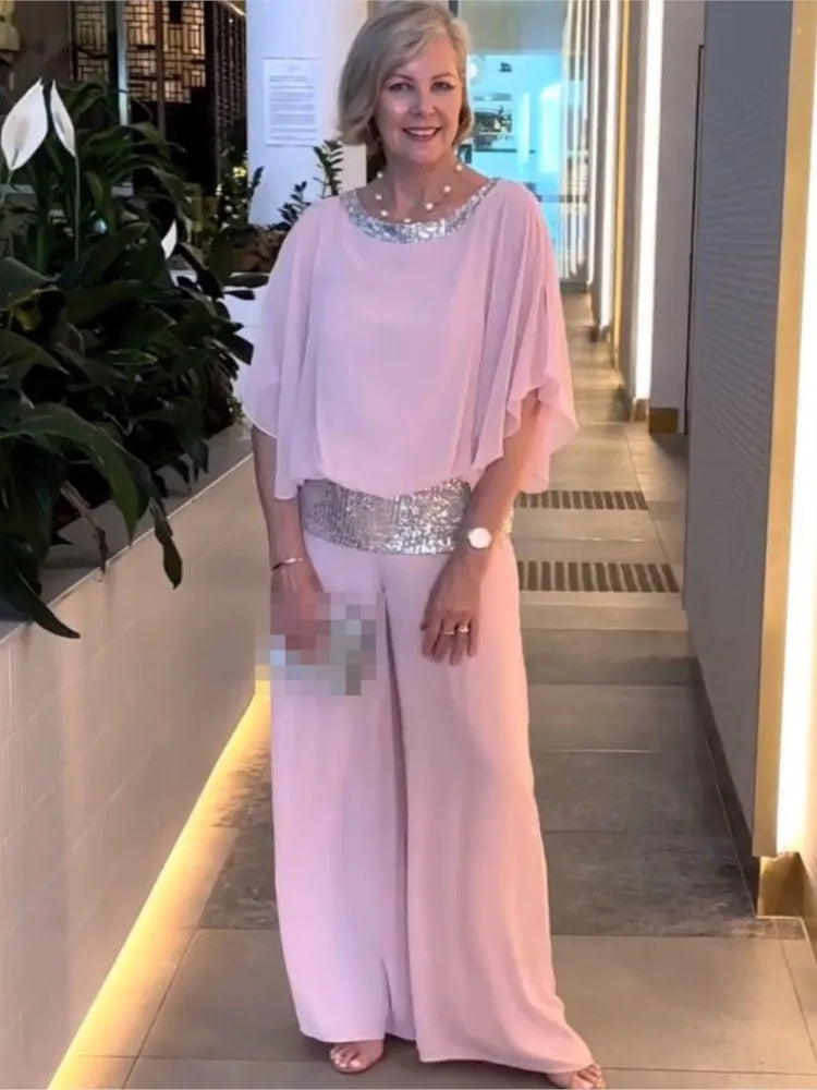 Women's Clothing 2024 Spring Autumn New Round Neck Fashionable Bright Color Bat Shirt Wide Leg Pants Half Sleeve Two-piece Set