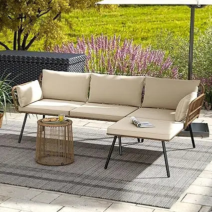 3 Pieces Patio Furniture Set, Wicker Conversation Sectional Sofa, L-Shaped Sofa with 4 Seater for Backyard, Porch, Boho Detacha