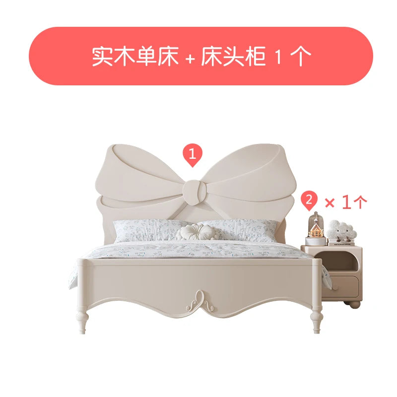 Girl Princess Bed French Cream Wind Children's Bed SingleWhite Bow Girls Full Solid Wood Bedroom