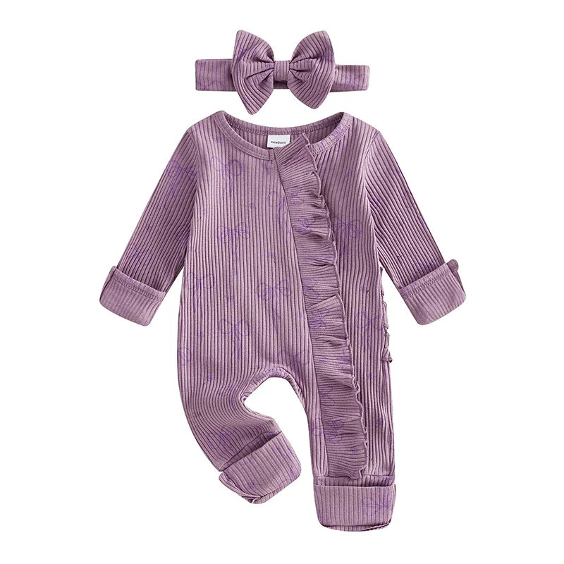 Infant Baby Girl Outfit Bow Print Long Sleeve Ruffled Zipper Front Ribbed Jumpsuit Bow Headband Newborn Clothes