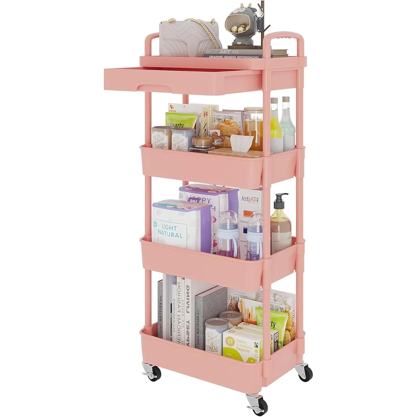 4-Tier Rolling Utility Cart with Drawer,Multifunctional Storage Organizer with Plastic Shelf & Metal Wheel,Storage Cart,Pink