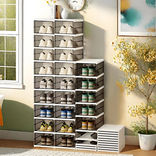 Black folding shoe box, one-piece shoe rack, transparent dust-proof storage box, foldable and stackable
