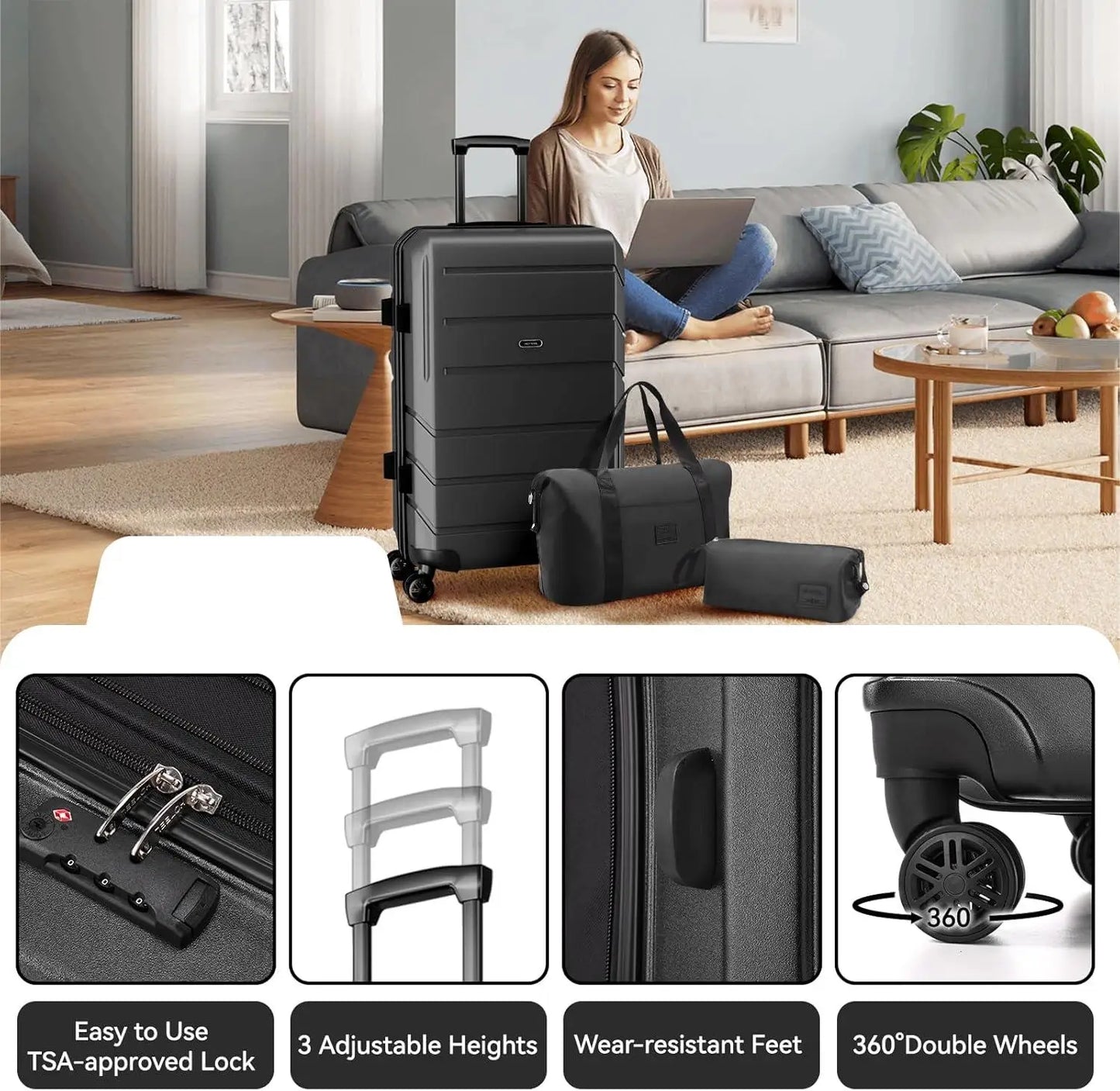 5pcs Luggage Set ABS+PC Hardshell Carry On Suitcase With Spinner Wheel TSA Lock Suit Case For Plane Travel Business Packing Box