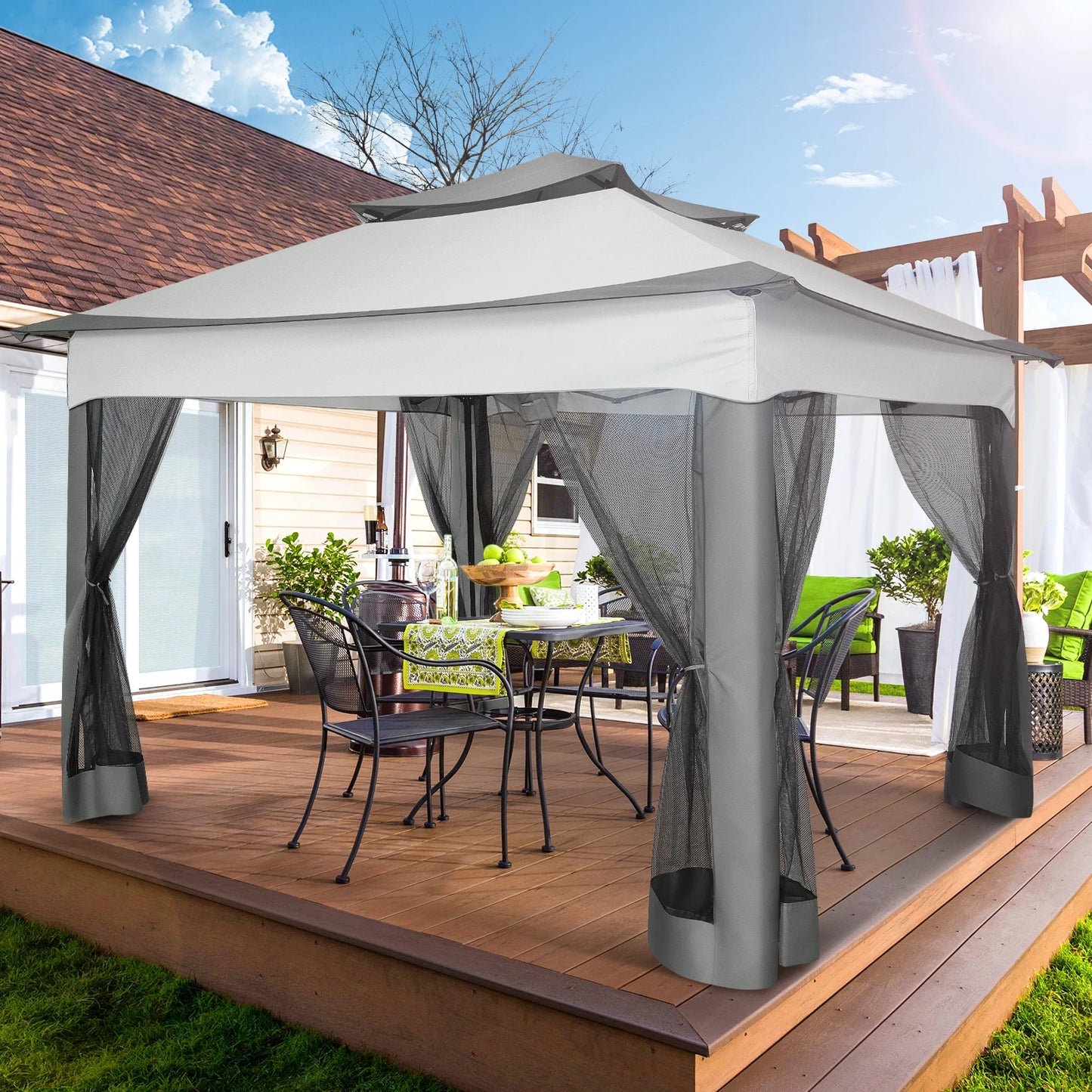 10x10ft Pop Up Canopy Gazebo Tent Outdoor Pavilion Waterproof Portable Sunshade Shelter One Push Center Lock For Yard Garden
