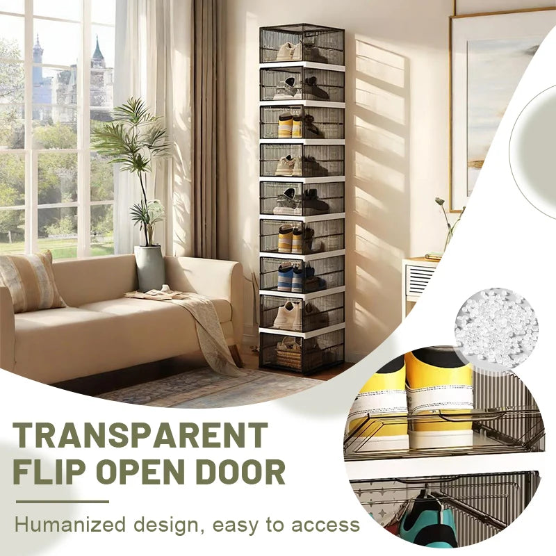 Black folding shoe box, one-piece shoe rack, transparent dust-proof storage box, foldable and stackable