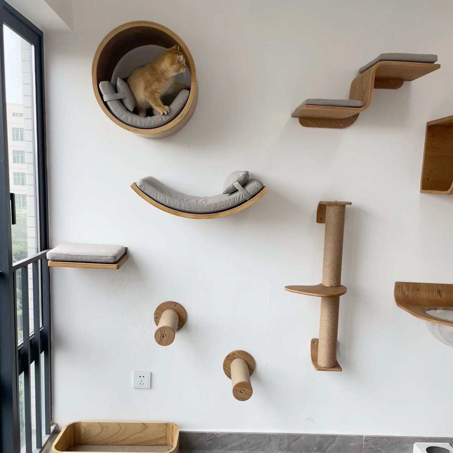 Wall Mounted Cat Climbing Shelves Wooden Cat Tree and Perches Scratcher Sisal Ladder Indoor Cats Hammock and House Pet Furniture
