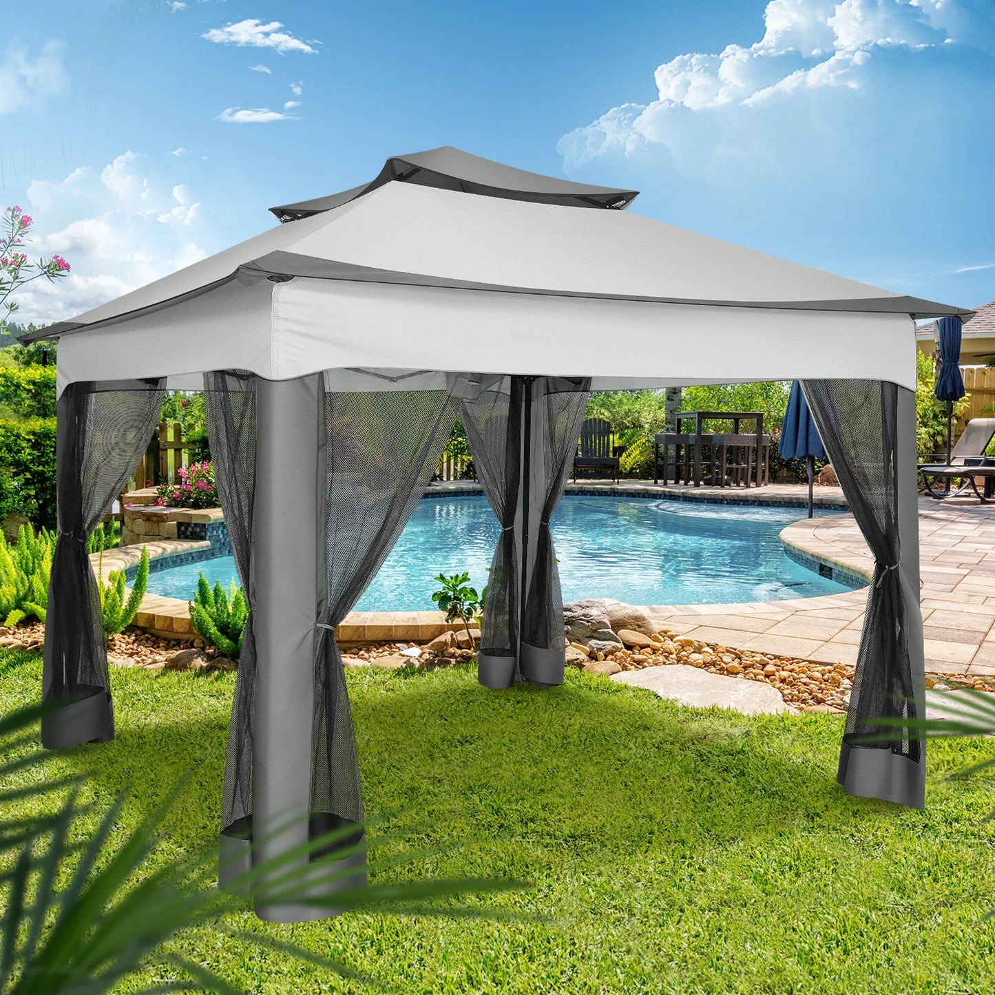 10x10ft Pop Up Canopy Gazebo Tent Outdoor Pavilion Waterproof Portable Sunshade Shelter One Push Center Lock For Yard Garden