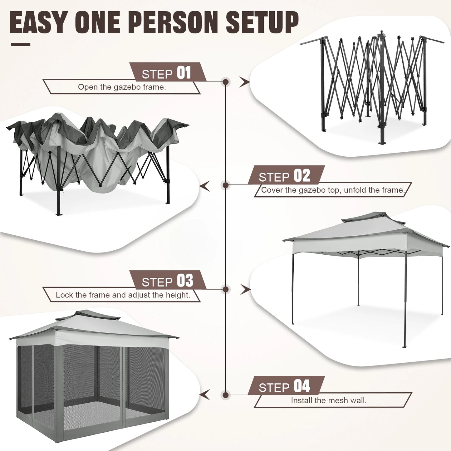 10x10ft Pop Up Canopy Gazebo Tent Outdoor Pavilion Waterproof Portable Sunshade Shelter One Push Center Lock For Yard Garden