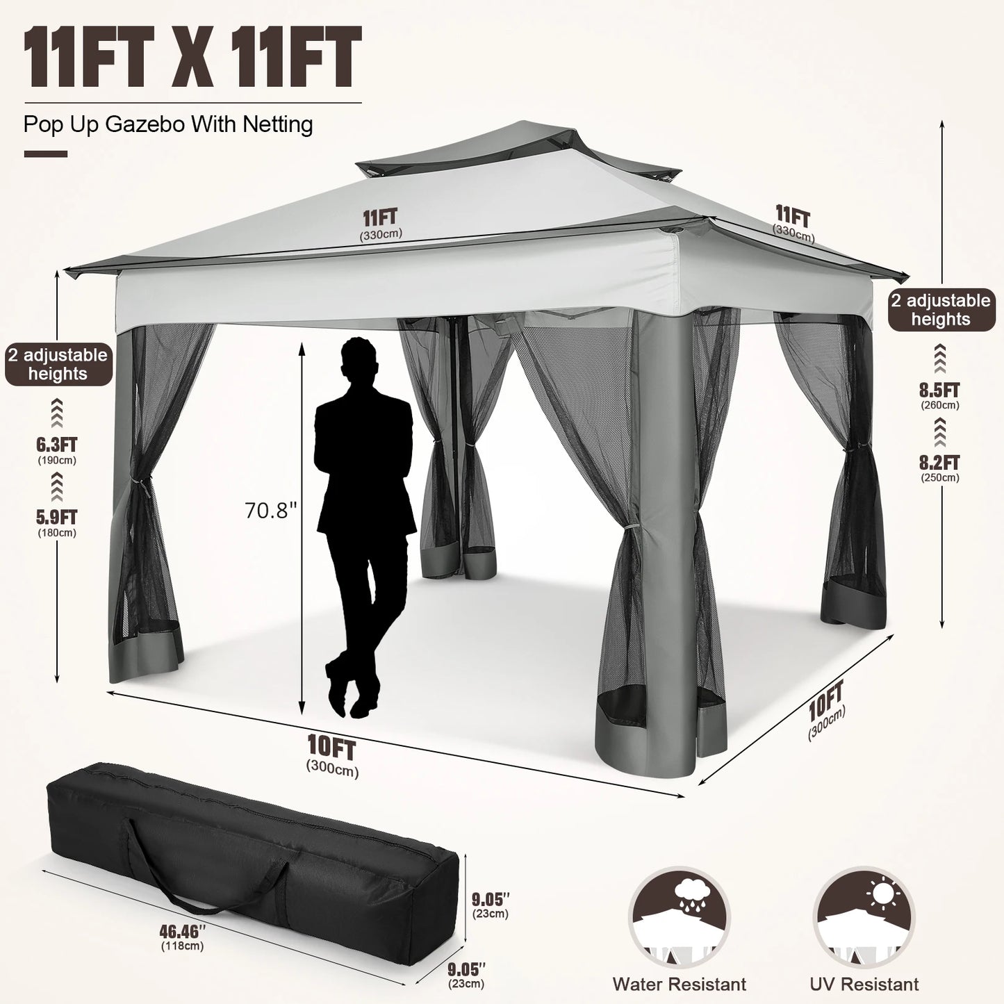 10x10ft Pop Up Canopy Gazebo Tent Outdoor Pavilion Waterproof Portable Sunshade Shelter One Push Center Lock For Yard Garden