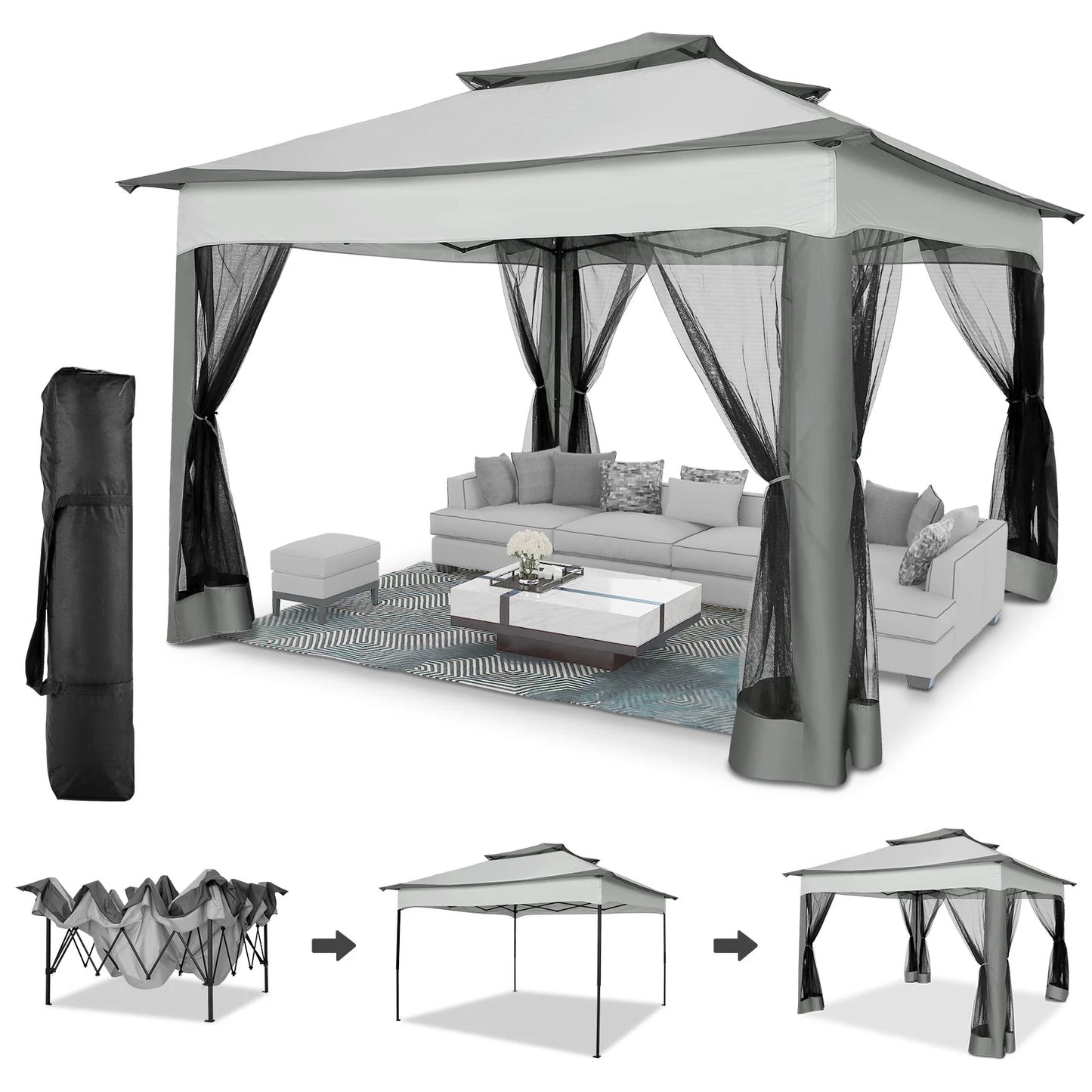 10x10ft Pop Up Canopy Gazebo Tent Outdoor Pavilion Waterproof Portable Sunshade Shelter One Push Center Lock For Yard Garden
