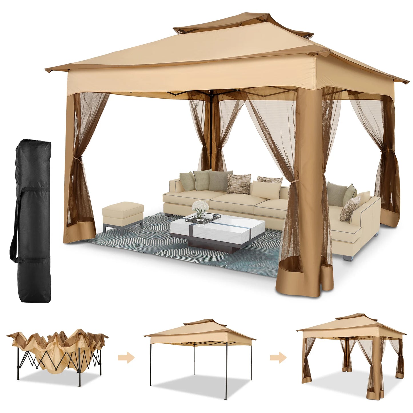 10x10ft Pop Up Canopy Gazebo Tent Outdoor Pavilion Waterproof Portable Sunshade Shelter One Push Center Lock For Yard Garden