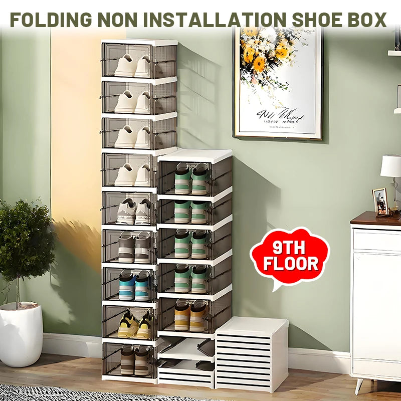 Black folding shoe box, one-piece shoe rack, transparent dust-proof storage box, foldable and stackable