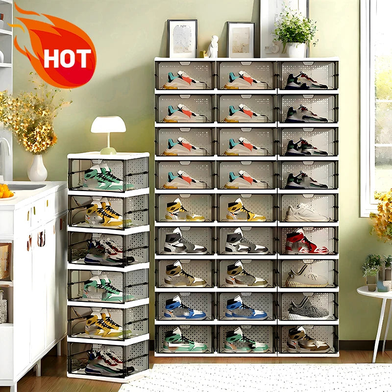 Black folding shoe box, one-piece shoe rack, transparent dust-proof storage box, foldable and stackable