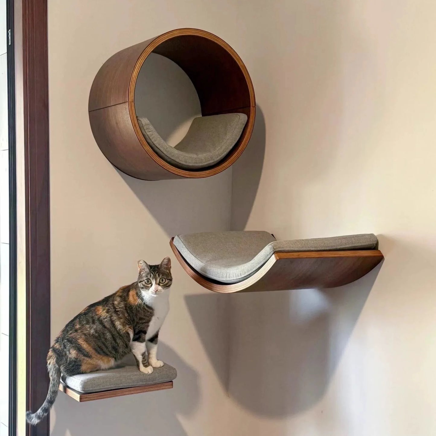 Wall Mounted Cat Climbing Shelves Wooden Cat Tree and Perches Scratcher Sisal Ladder Indoor Cats Hammock and House Pet Furniture