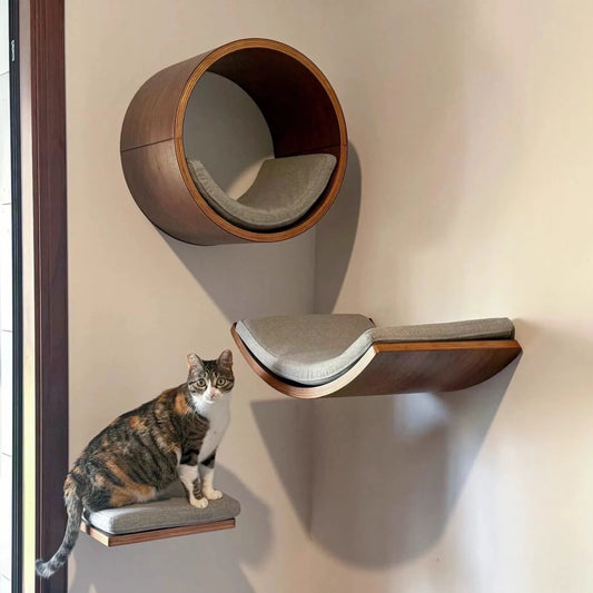 Wall Mounted Cat Climbing Shelves Wooden Cat Tree and Perches Scratcher Sisal Ladder Indoor Cats Hammock and House Pet Furniture