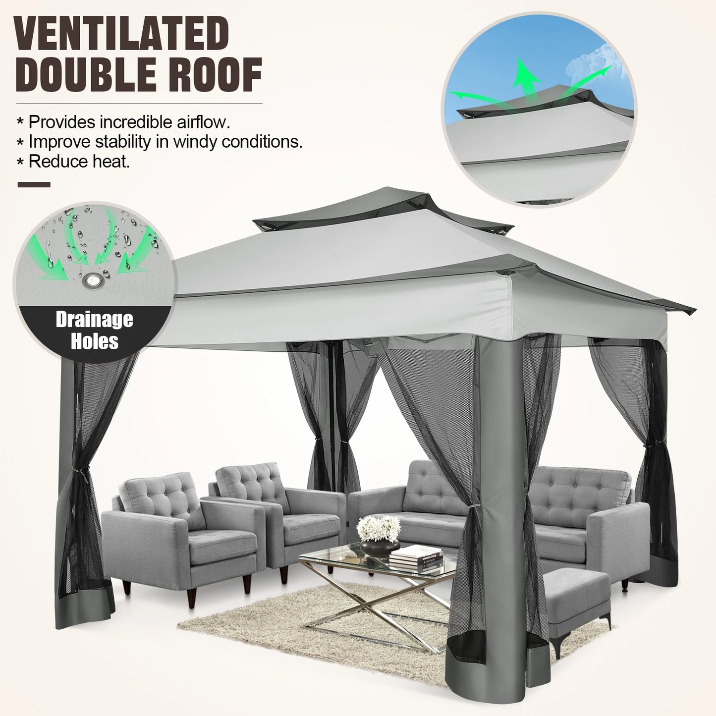 10x10ft Pop Up Canopy Gazebo Tent Outdoor Pavilion Waterproof Portable Sunshade Shelter One Push Center Lock For Yard Garden