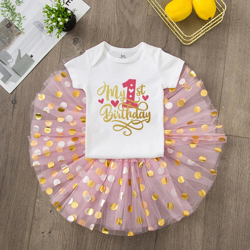 First Birthday Baby Girl Birthday Party Dress Cute Pink Tutu Cake Dresses + Romper Outfits Toddler Girls Summer Clothes Jumpsuit