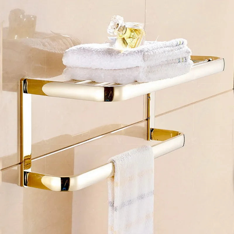 Luxury Gold Color Brass Square Bathroom Accessories Towel Shelf Towel Holder Toilet Paper Holder Wall Mounted Bath Hardware Sets