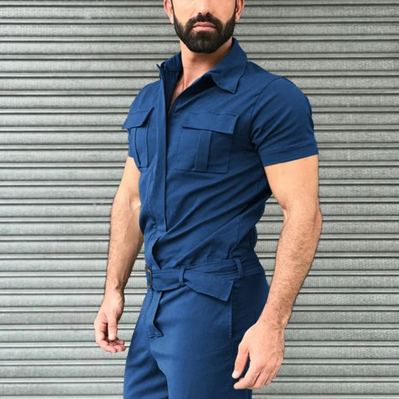 New Men Pants Casual One-piece Suit Spring Summer Men Fashion Jumpsuits Short Sleeve Belt  Men Clothing Solid Jumpsuits
