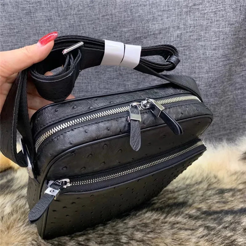 Exotic Real True Ostrich Skin Men's Small Casual Flap Purse Genuine Leather Single Cross Shoulder Bag Male Leisure Messenger Bag