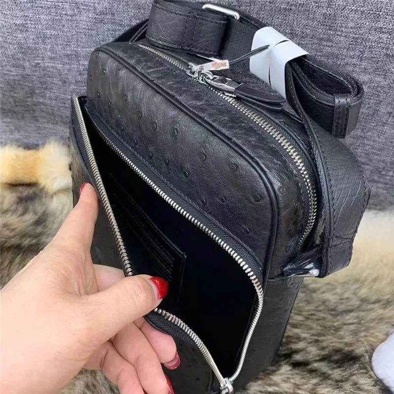 Exotic Real True Ostrich Skin Men's Small Casual Flap Purse Genuine Leather Single Cross Shoulder Bag Male Leisure Messenger Bag