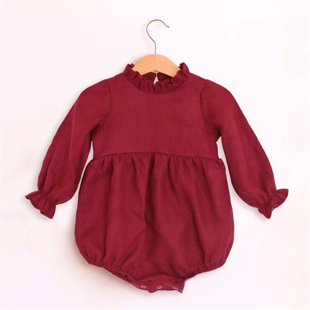 Baby Girl Clothes Solid Color Long Sleeve Baby Clothing Jumpsuits 0-24M 100% Cotton Linen Newborn Baby Girl Rompers
