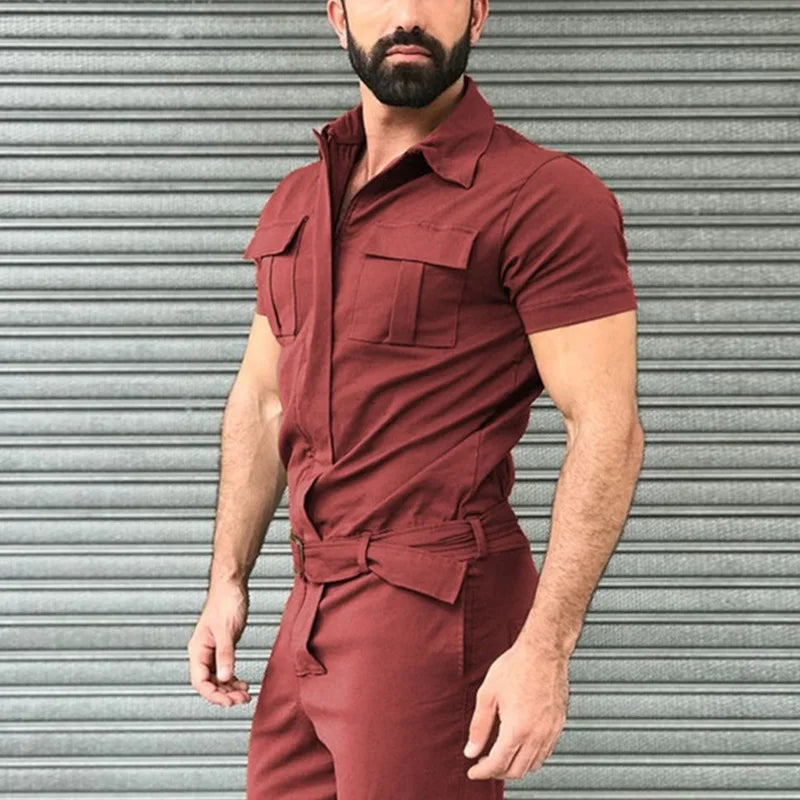 New Men Pants Casual One-piece Suit Spring Summer Men Fashion Jumpsuits Short Sleeve Belt  Men Clothing Solid Jumpsuits