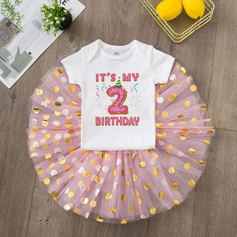 First Birthday Baby Girl Birthday Party Dress Cute Pink Tutu Cake Dresses + Romper Outfits Toddler Girls Summer Clothes Jumpsuit