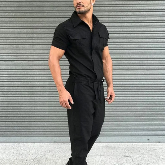 New Men Pants Casual One-piece Suit Spring Summer Men Fashion Jumpsuits Short Sleeve Belt  Men Clothing Solid Jumpsuits