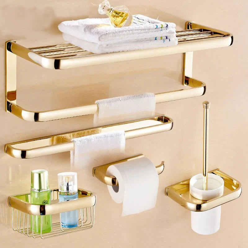 Luxury Gold Color Brass Square Bathroom Accessories Towel Shelf Towel Holder Toilet Paper Holder Wall Mounted Bath Hardware Sets