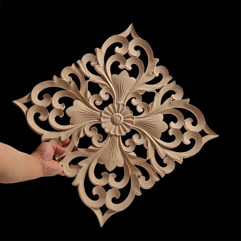 Decorative Wood Appliques Unique Exquisite Natural Floral Wooden Carved Onlay Decal Figurines Home Furniture Door Decor Square