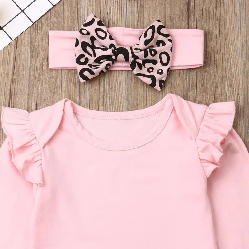 Pudcoco US Stock Fashion 0-18M Newborn Baby Girls Clothes Pink Long Sleeve Romper Tops+Leopard Bowknot Pants 3PCS Outfit Set