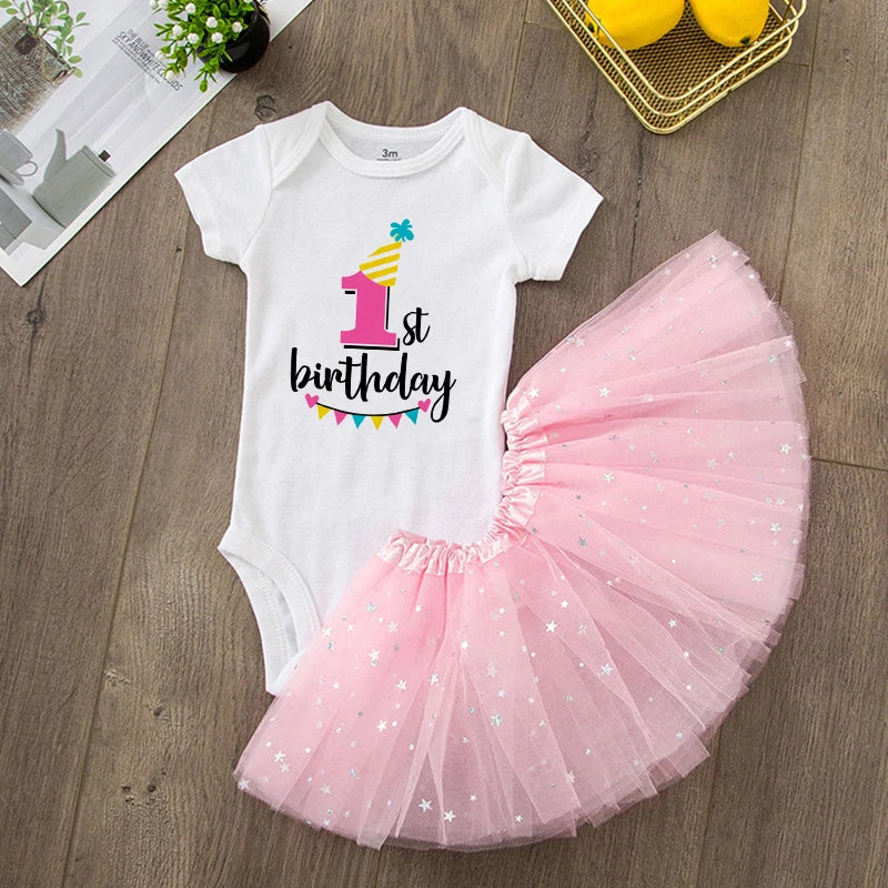 First Birthday Baby Girl Birthday Party Dress Cute Pink Tutu Cake Dresses + Romper Outfits Toddler Girls Summer Clothes Jumpsuit